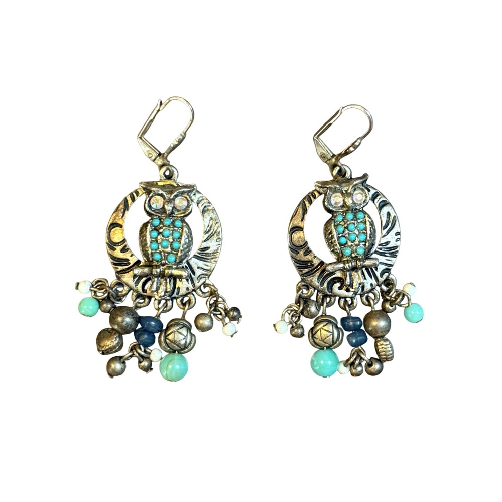 Vintage Silver Tone Owl‎ Dangle Earrings Turquoise Beaded Leverback Boho Chic